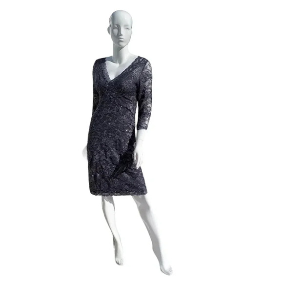 Cache' Gray Sequin Lace Layered V-Neck Sheath Lined Cocktail Dress, Size 8 - Picture 3 of 12